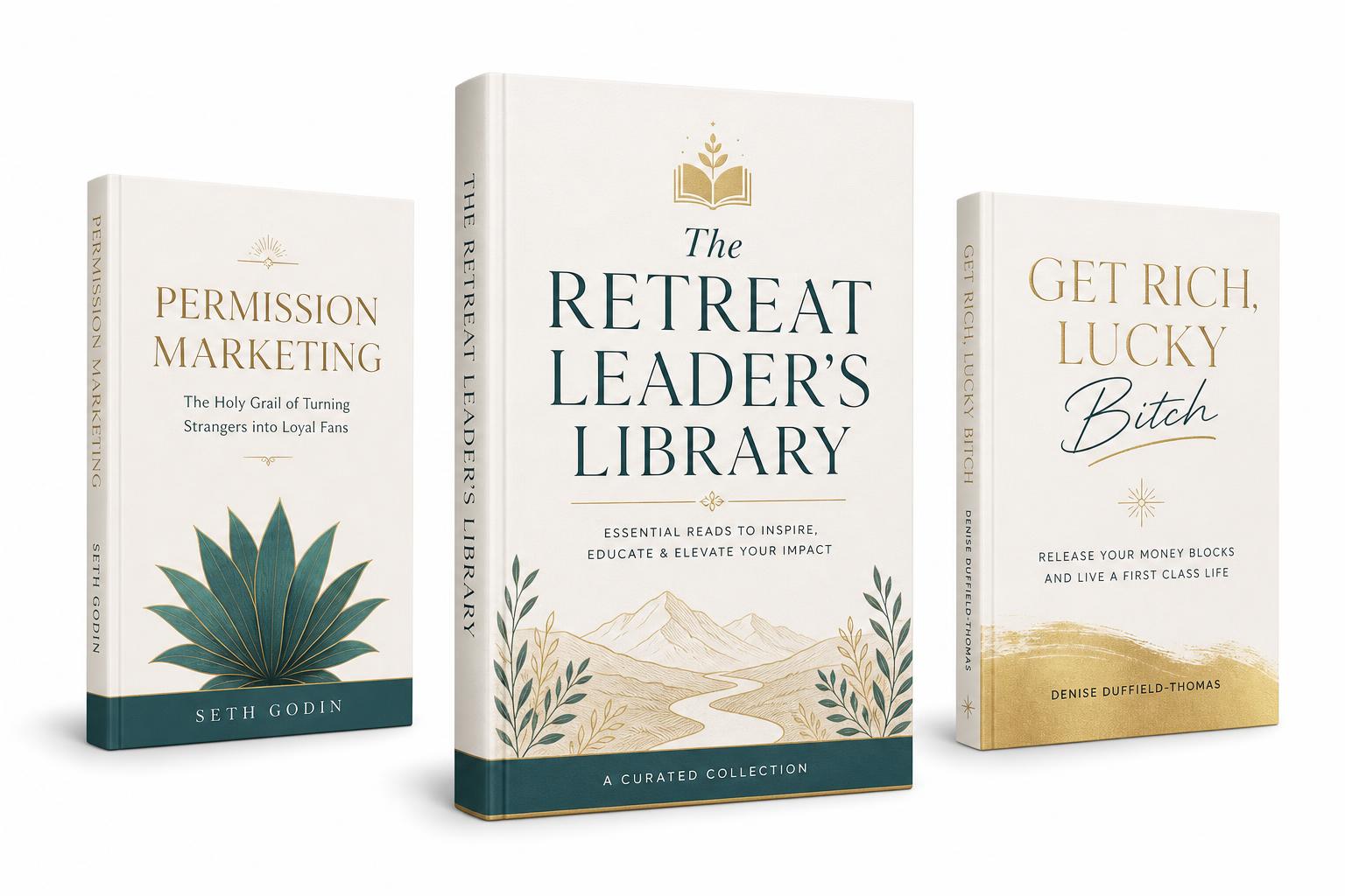 3D mockup of The Retreat Leader's Library guide with Permission Marketing and Get Rich Lucky Bitch book covers